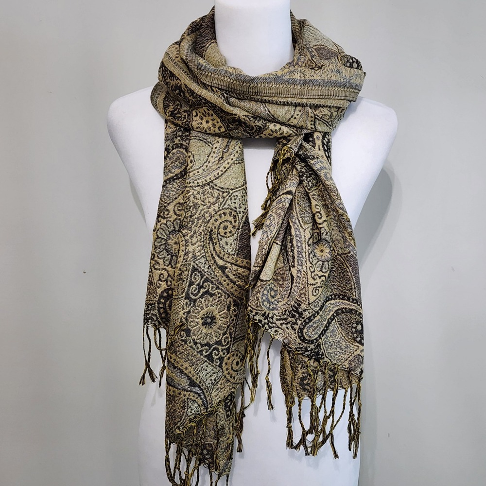 Pashmina Paisley Scarf Shawl Gold Black Fringed Woven Boho Wrap Indie Luxury